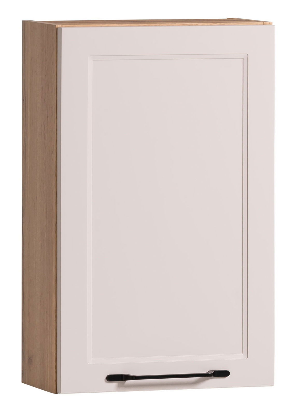 XORA Hängeschrank MERAN Hängeschrank in Holzoptik mit weißer Tür und schwarzem Griff, seitliche Perspektive