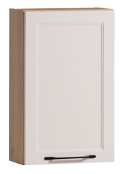 Hängeschrank in Holzoptik mit weißer Tür und schwarzem Griff, seitliche Perspektive