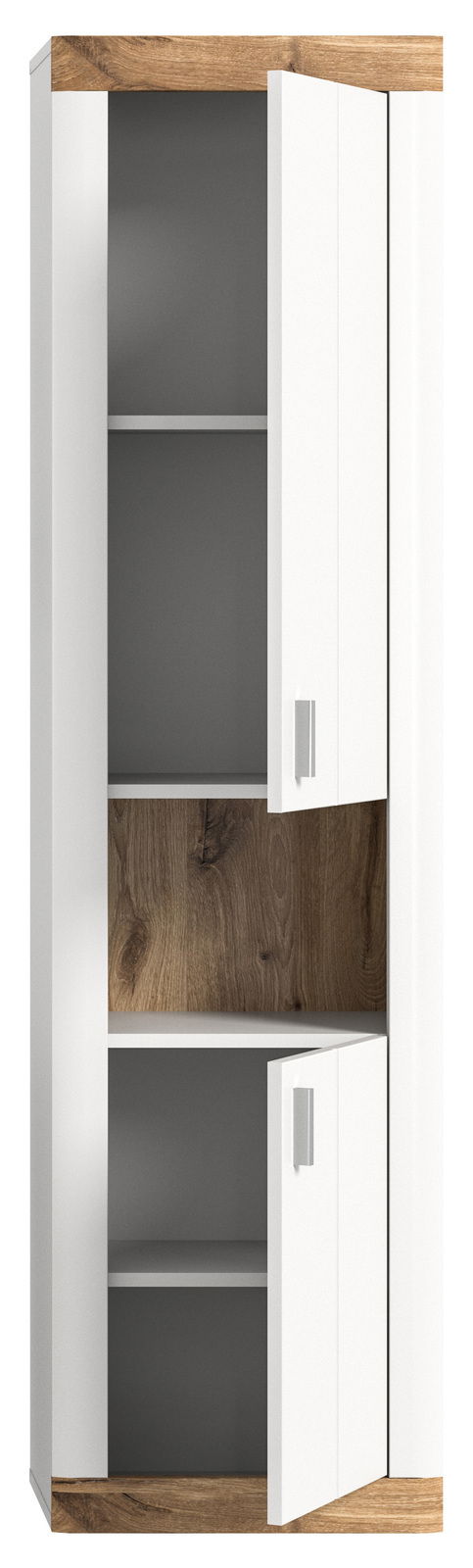 Hängeschrank mit weißer Front und Holzakzenten, teilweise geöffnete Türen, Frontalansicht