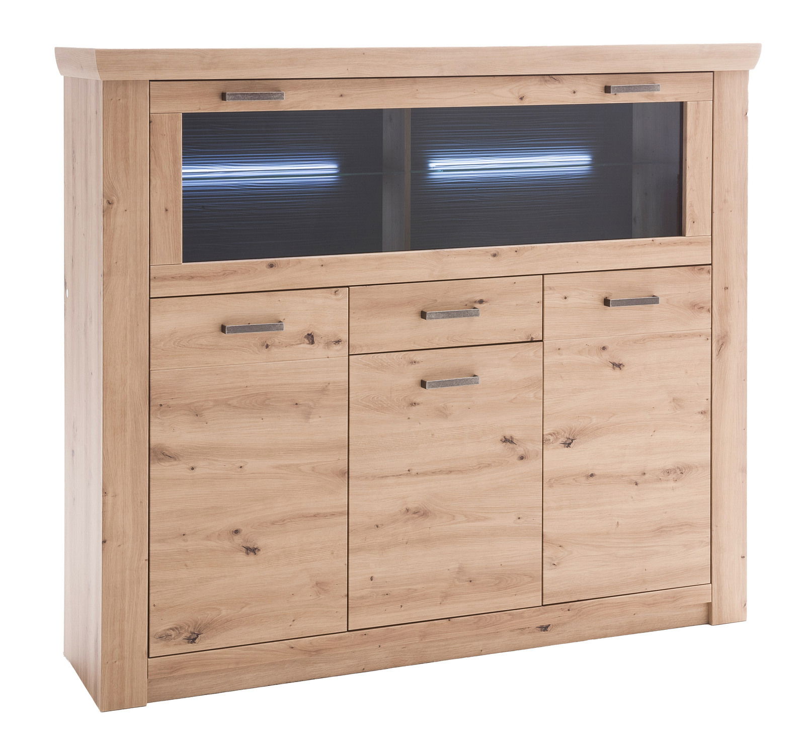 Landscape Highboard BRUNECK Helles Holz-Highboard mit Glaseinsatz und LED-Beleuchtung, Frontansicht