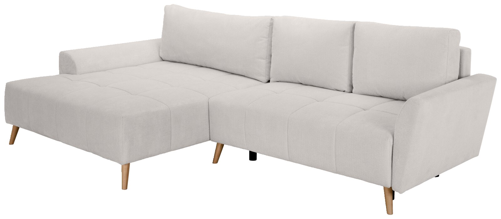 Z2 Ecksofa ZELDA Hellbeiges Ecksofa mit Recamiere links, gesteppter Sitzfläche, drei Rückenkissen und Holzfüßen, schräg von vorne (3/4-Ansicht) freigestellt