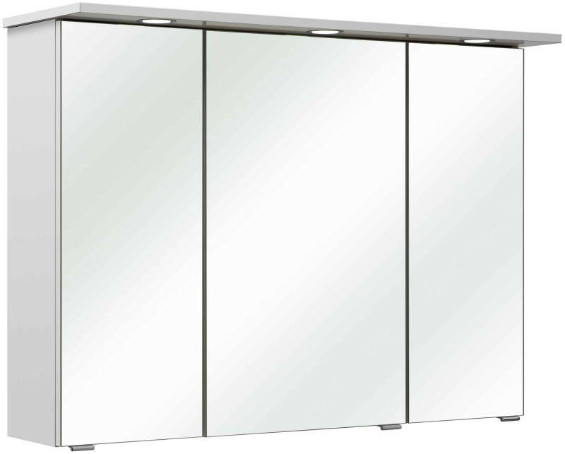 Moderner Spiegelschrank mit drei Türen und integrierter Beleuchtung, seitliche Perspektive