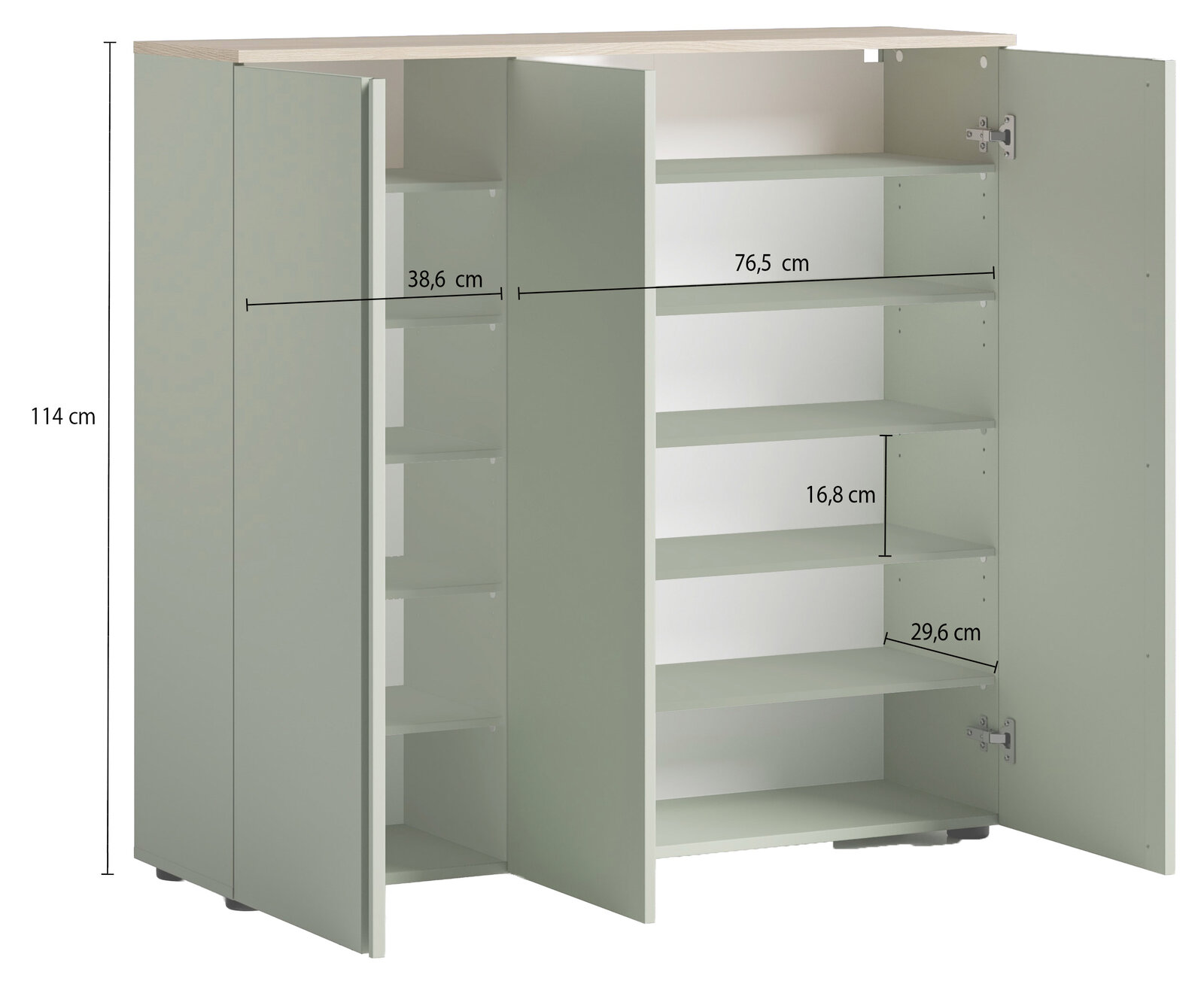 XL-Schuhschrank in offener Perspektive mit mehreren Regalböden und Türen, Maße sind angegeben.