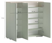 XL-Schuhschrank in offener Perspektive mit mehreren Regalböden und Türen, Maße sind angegeben.