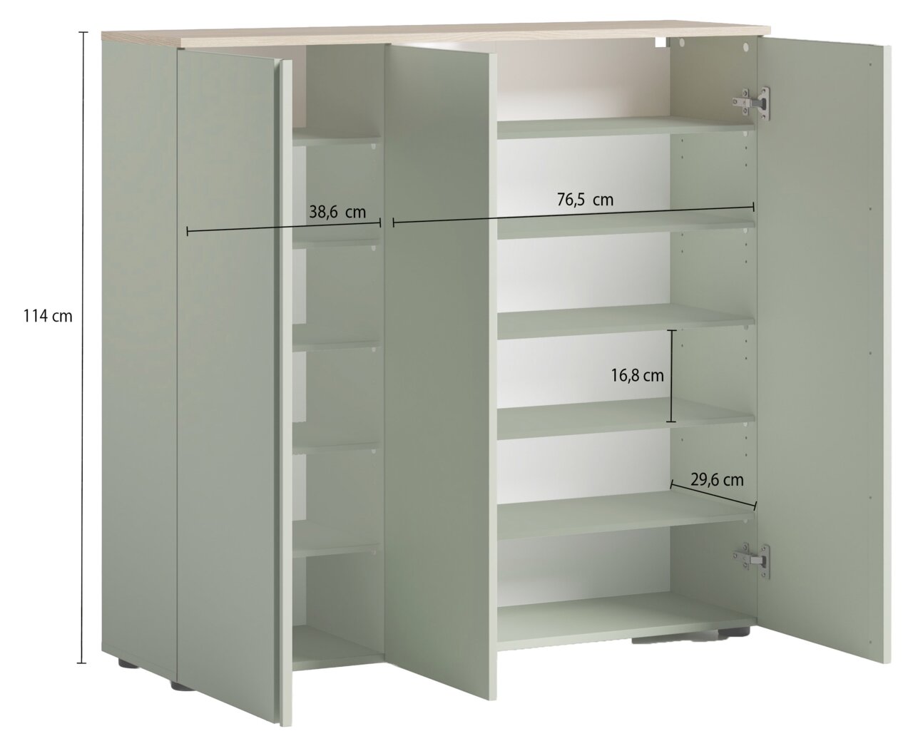 XL-Schuhschrank in offener Perspektive mit mehreren Regalböden und Türen, Maße sind angegeben.