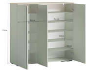 XL-Schuhschrank in offener Perspektive mit mehreren Regalböden und Türen, Maße sind angegeben.