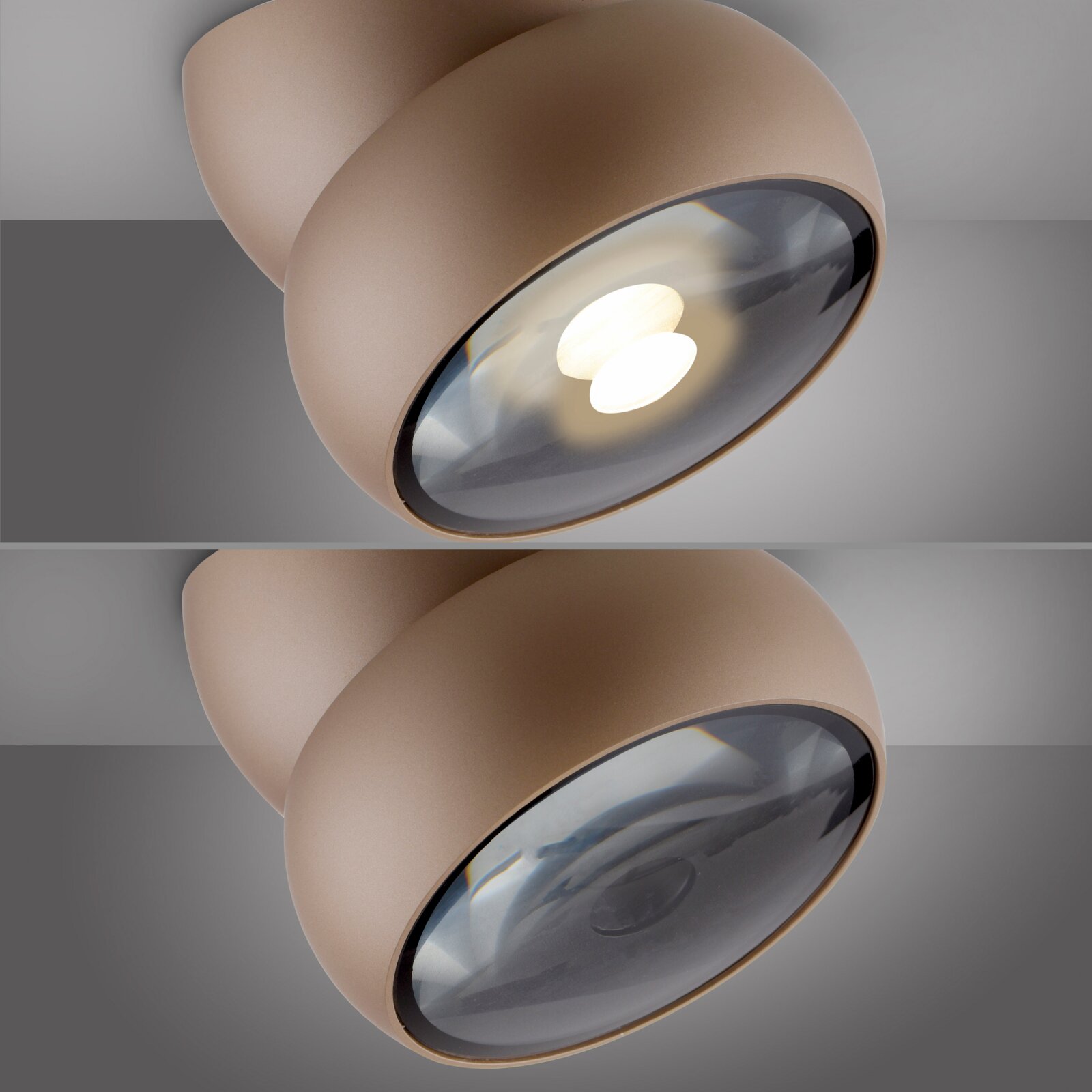 Moderne led-plafondlamp in close-up, zijaanzicht, met ronde, bruine behuizing en helder led-licht.