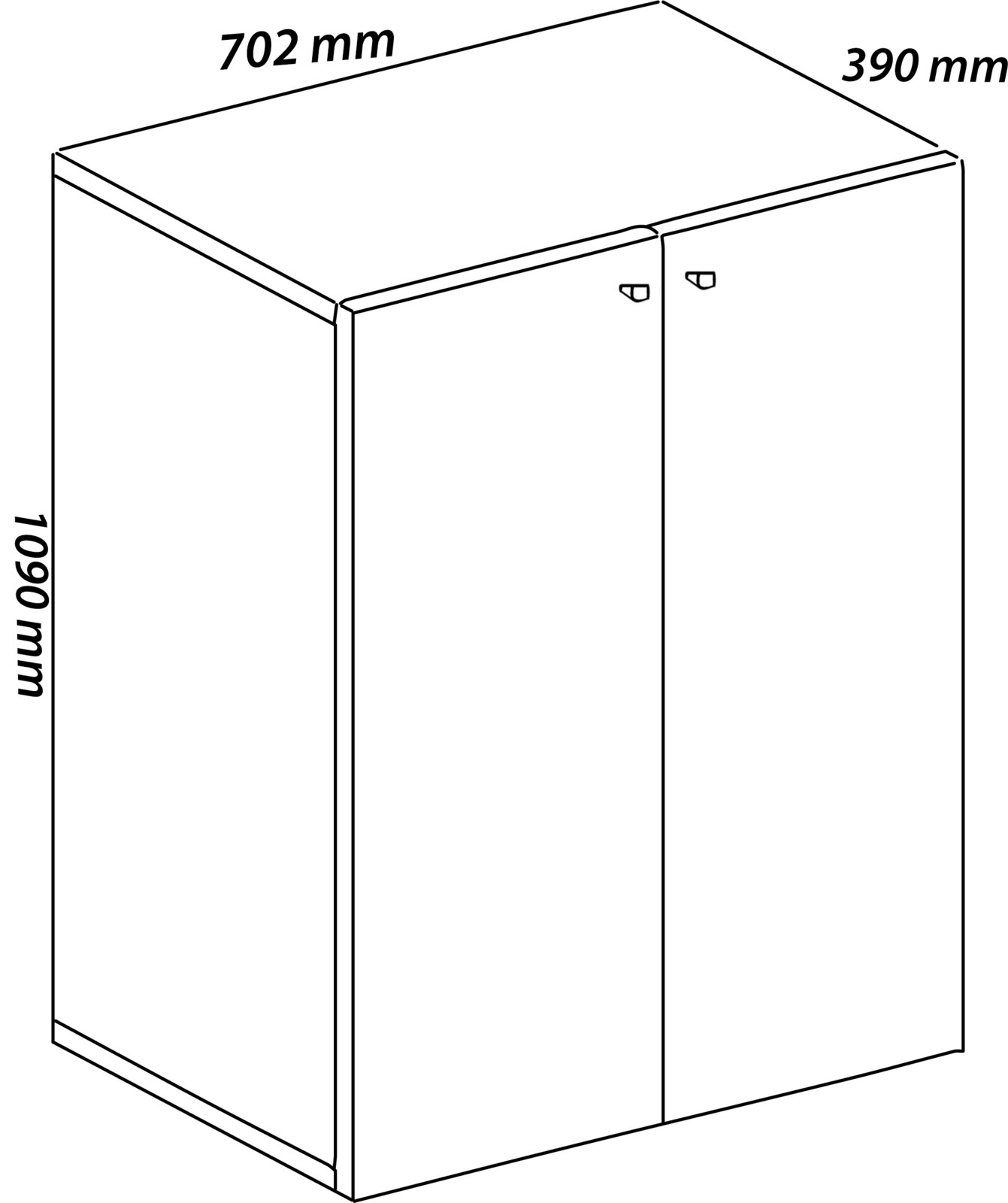 Isometrische Ansicht eines zweitürigen Schranks/Unterschranks mit Maßangaben: 702 mm Breite, 390 mm Tiefe und 1090 mm Höhe.