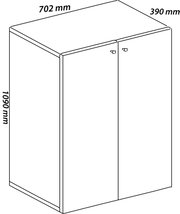 Isometrische Ansicht eines zweitürigen Schranks/Unterschranks mit Maßangaben: 702 mm Breite, 390 mm Tiefe und 1090 mm Höhe.