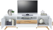 TV-Lowboard in Weiß mit Holzdetails, frontal fotografiert, mit Dekorationen und einem Fernseher darauf.