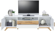 TV-Lowboard in Weiß mit Holzdetails, frontal fotografiert, mit Dekorationen und einem Fernseher darauf.