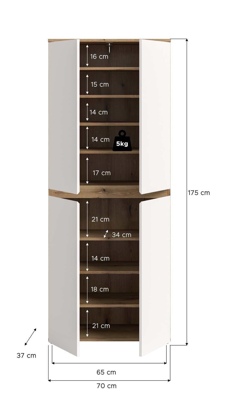 Hoher Schrank mit vier weißen Türen und Holzdekor innen, geöffnet in Frontalansicht; Maße ca. 175 cm hoch, 70 cm breit und 37 cm tief, mit mehreren Regalböden und angegebenen Fachhöhen.