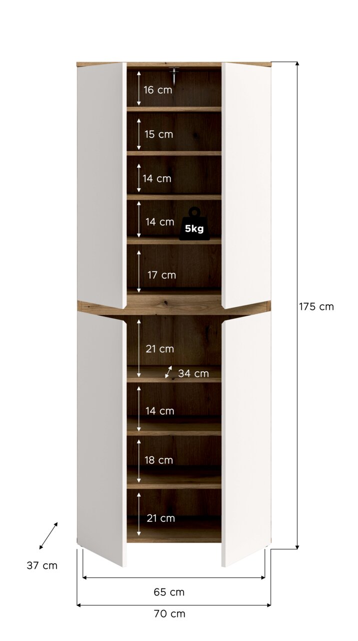 Hoher Schrank mit vier weißen Türen und Holzdekor innen, geöffnet in Frontalansicht; Maße ca. 175 cm hoch, 70 cm breit und 37 cm tief, mit mehreren Regalböden und angegebenen Fachhöhen.