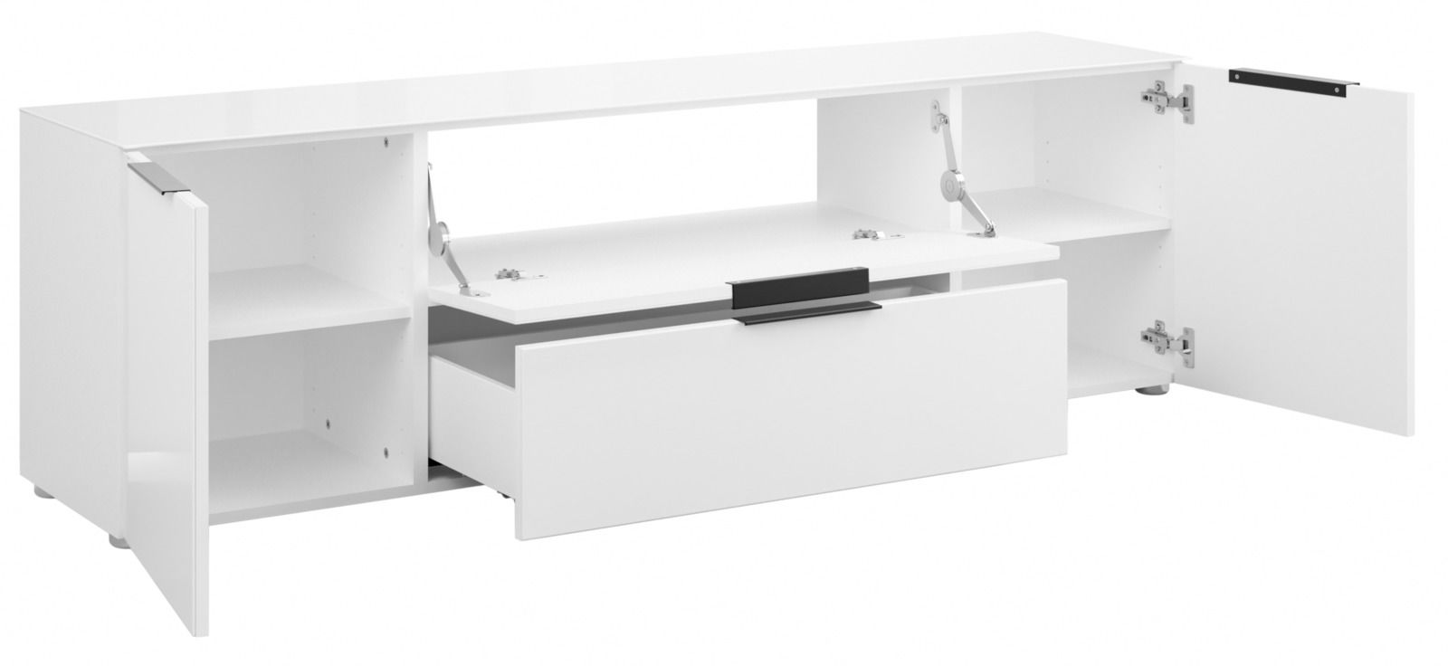Weißes TV-Lowboard mit offenen Türen und Schubladen, seitliche Perspektive