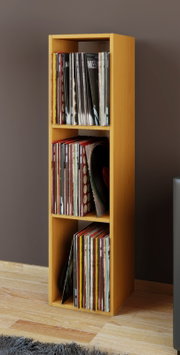 Schmales, hohes Holzregal zur Aufbewahrung von Schallplatten (Vinyl), gefüllt mit LPs, freistehend im Wohnzimmer vor grauer Wand; Ansicht leicht schräg von vorne.