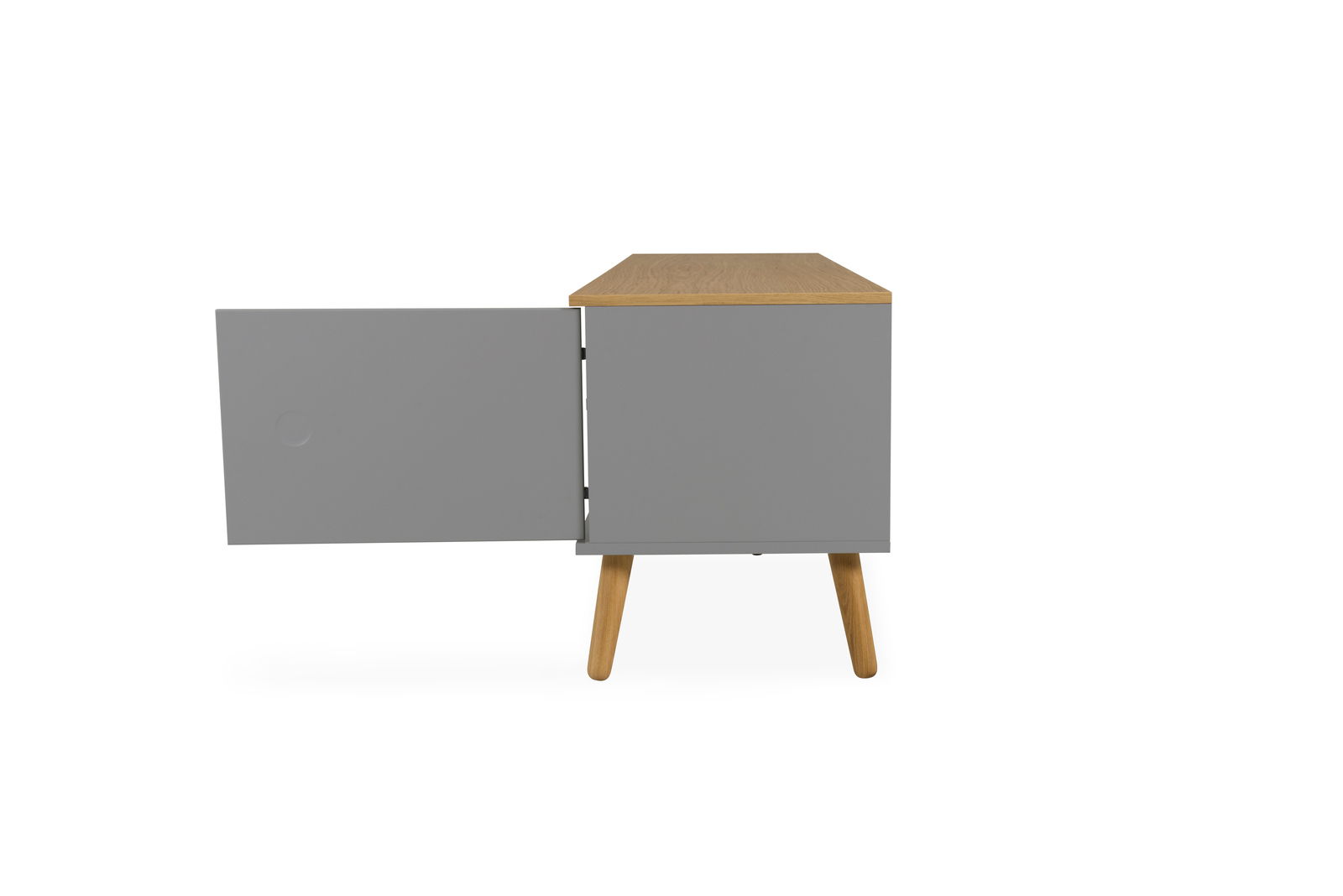 Seitenansicht eines modernen TV-Boards mit grauer Front und Holzbeinen, eine Tür ist geöffnet