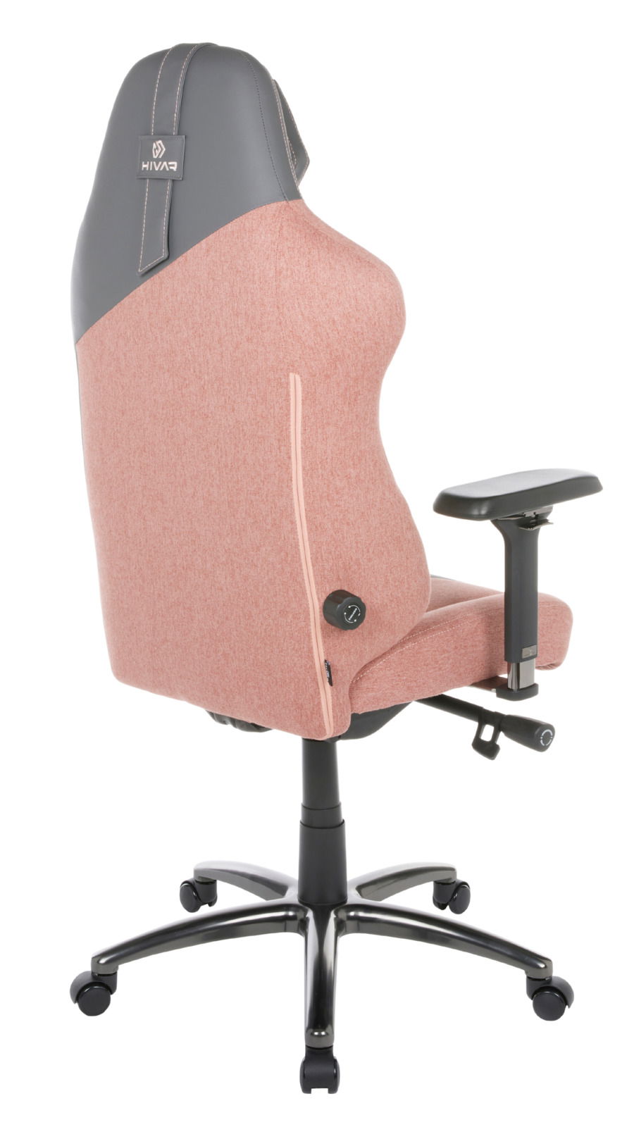 Rückansicht eines modernen Gaming-Stuhls in Rosa und Grau mit verstellbaren Armlehnen und Rollen.