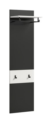 Moderne Wandgarderobe in Anthrazit mit weißem Ablagebrett, Kleiderstange und zwei schwarzen Haken, schräg von vorn links dargestellt