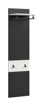 Moderne Wandgarderobe in Anthrazit mit weißem Ablagebrett, Kleiderstange und zwei schwarzen Haken, schräg von vorn links dargestellt