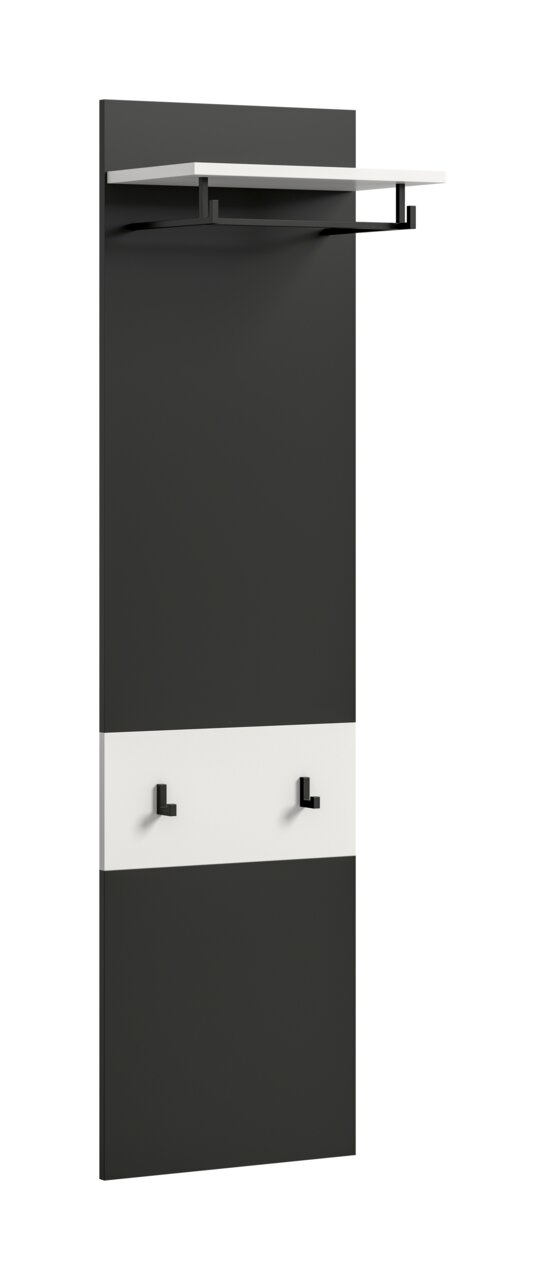 Moderne Wandgarderobe in Anthrazit mit weißem Ablagebrett, Kleiderstange und zwei schwarzen Haken, schräg von vorn links dargestellt