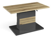Moderner Couchtisch mit Holzoptik und dunklem Sockel, seitliche Perspektive