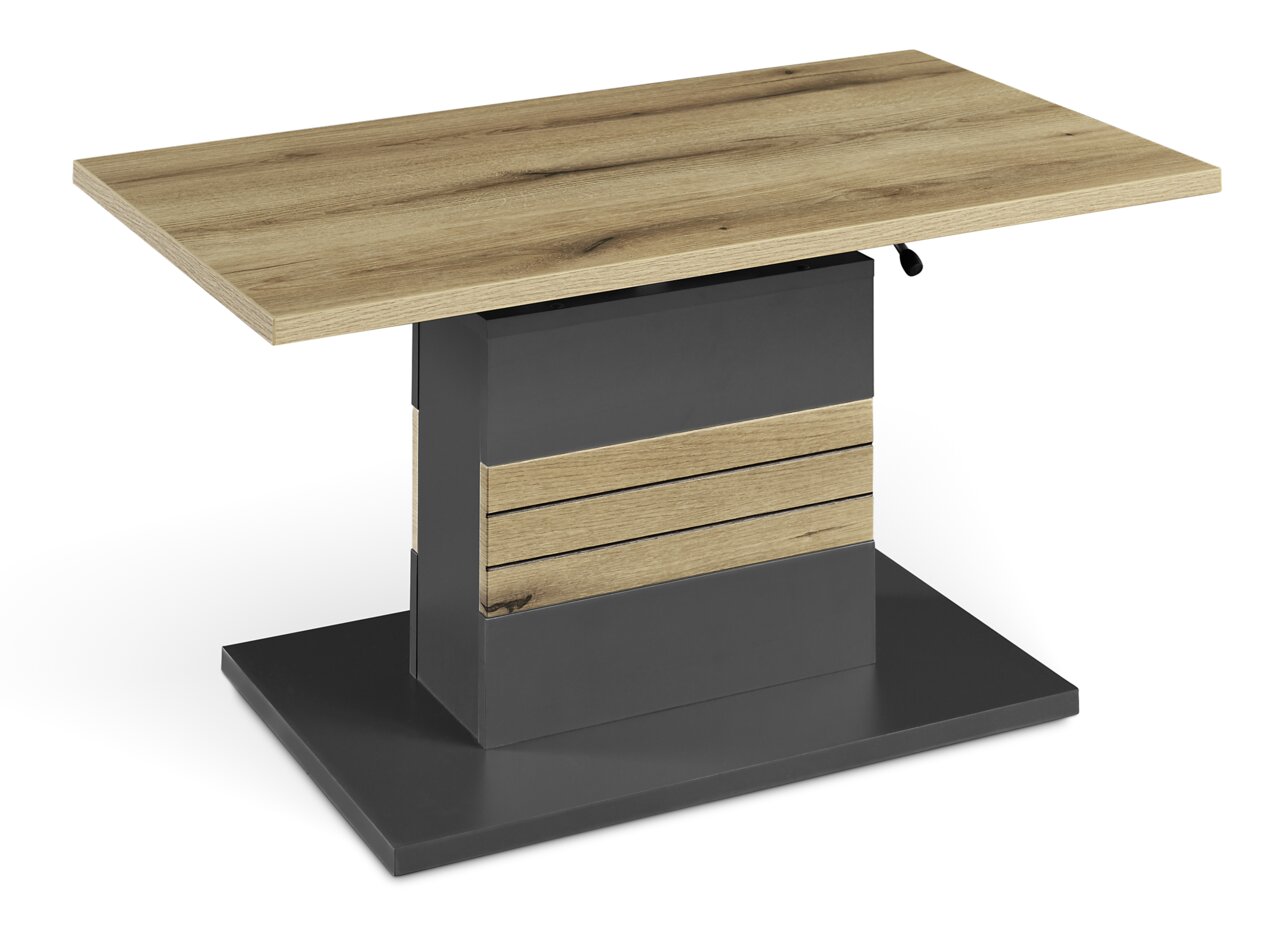 Moderner Couchtisch mit Holzoptik und dunklem Sockel, seitliche Perspektive