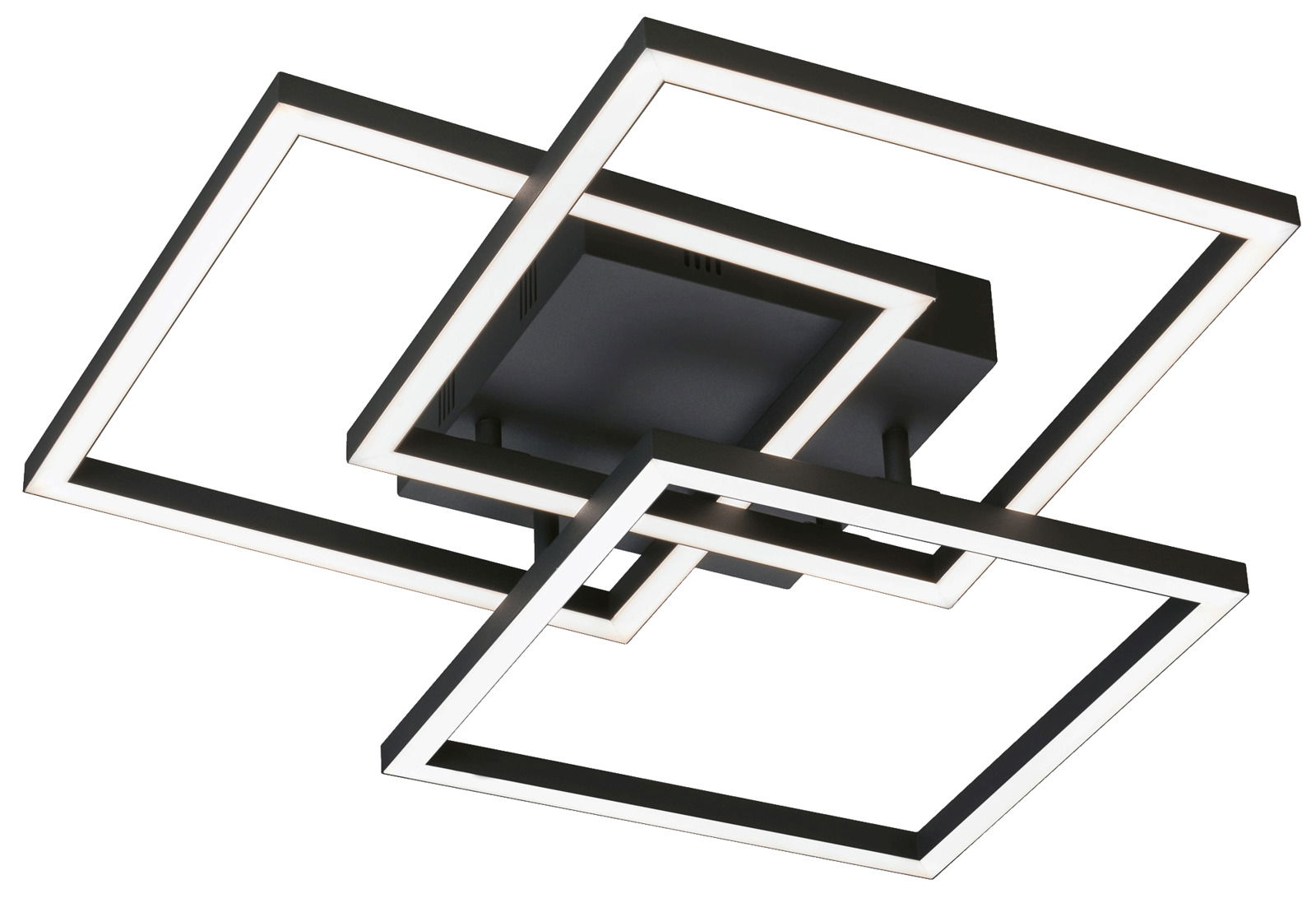 Moderne Deckenleuchte Seth mit überlappenden quadratischen Rahmen, seitliche Perspektive