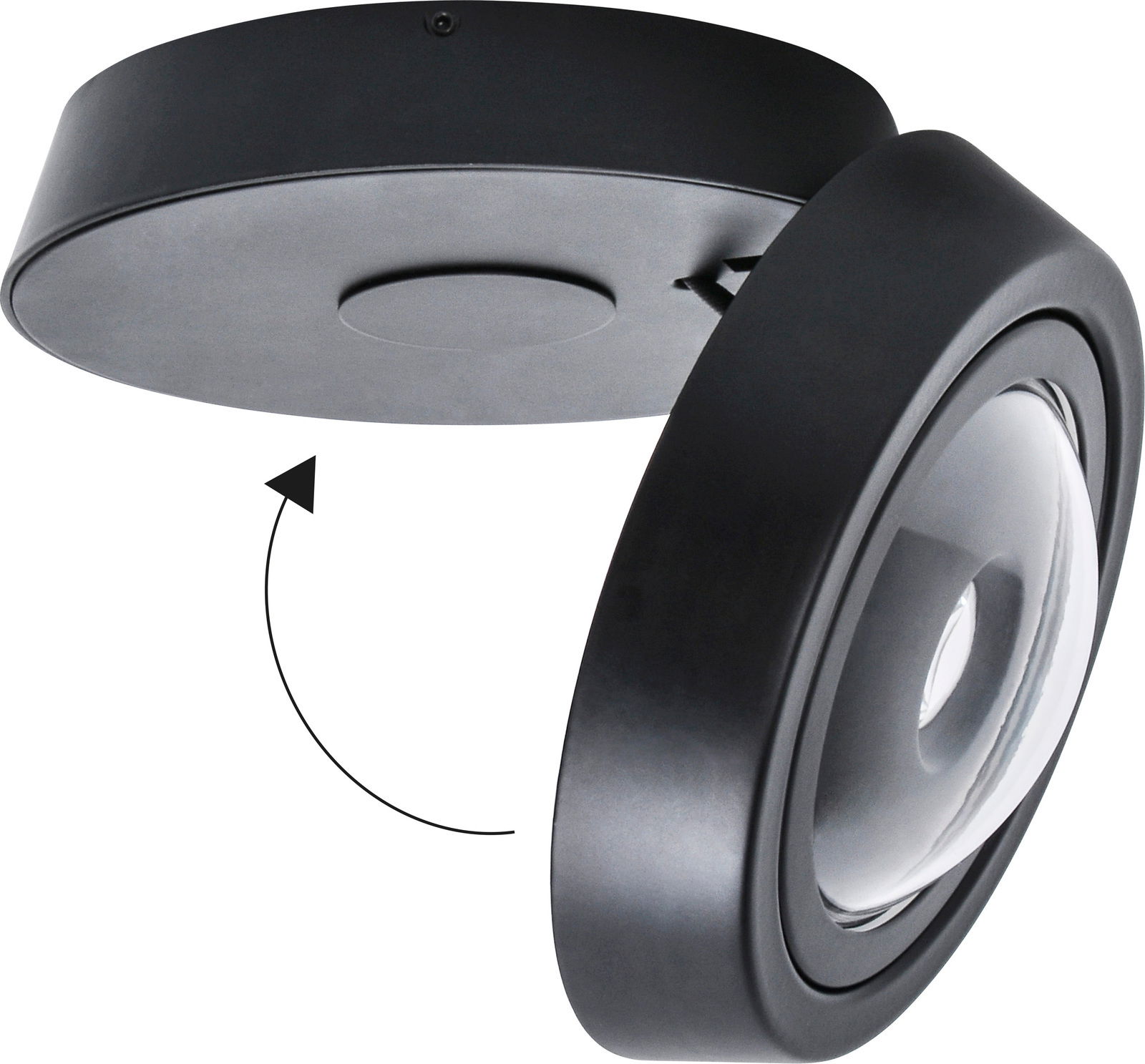 Schwarze LED-Deckenleuchte SOLO MOVIMENTO mit schwenkbarem Design, seitliche Perspektive