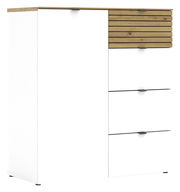 Kommode in Weiß mit Holzelementen, bestehend aus einer Tür und mehreren Schubladen, frontal abgebildet.