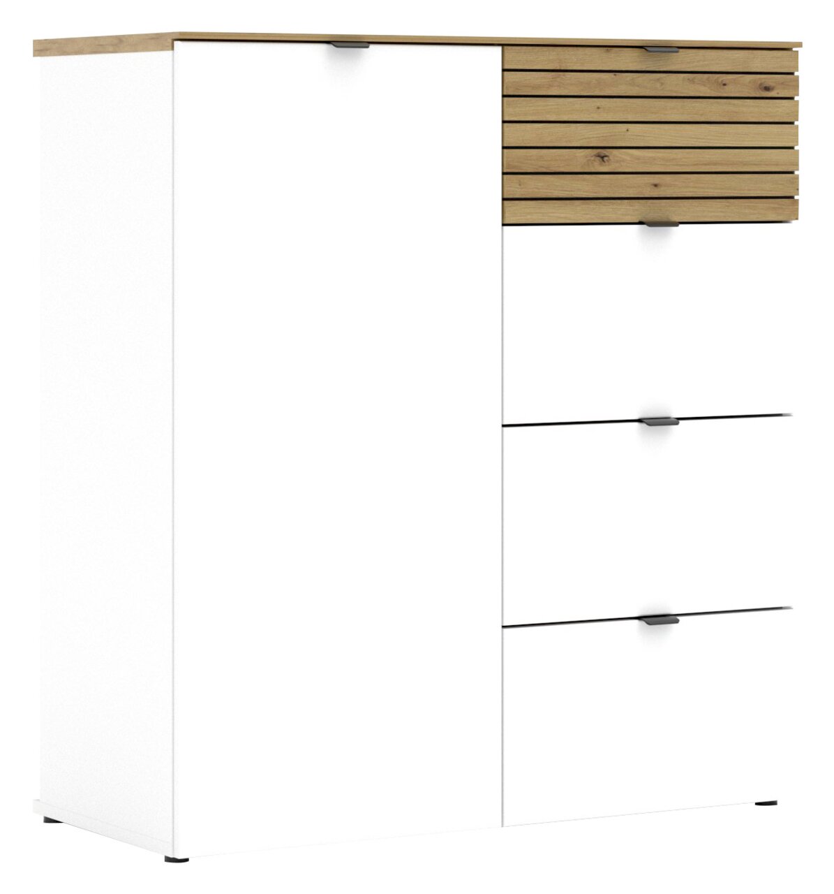 Voleo Kommode DIANA Kommode in Weiß mit Holzelementen, bestehend aus einer Tür und mehreren Schubladen, frontal abgebildet.