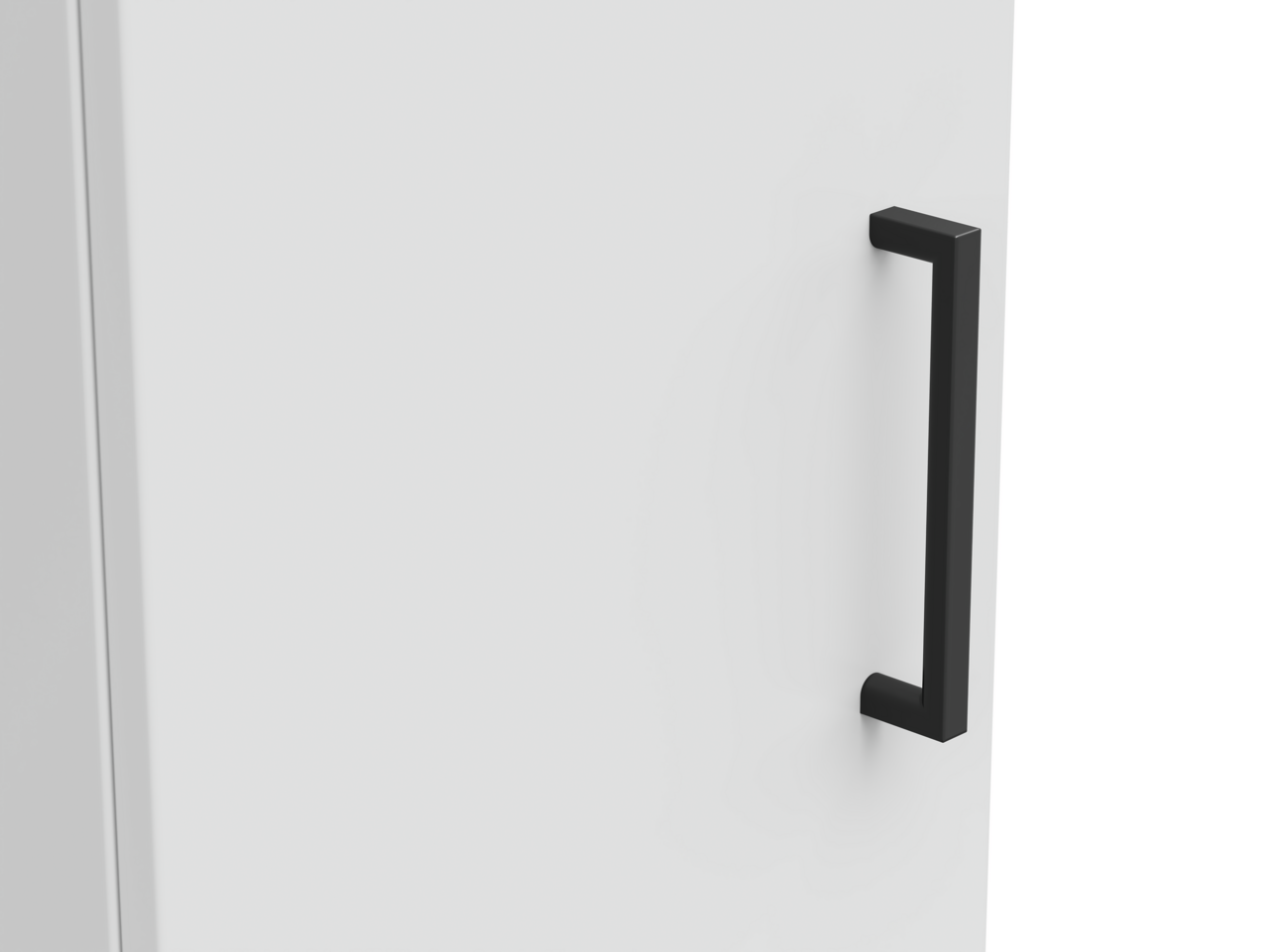 Nahaufnahme eines weißen Mehrzweckschranks mit schwarzem Griff, seitliche Perspektive
