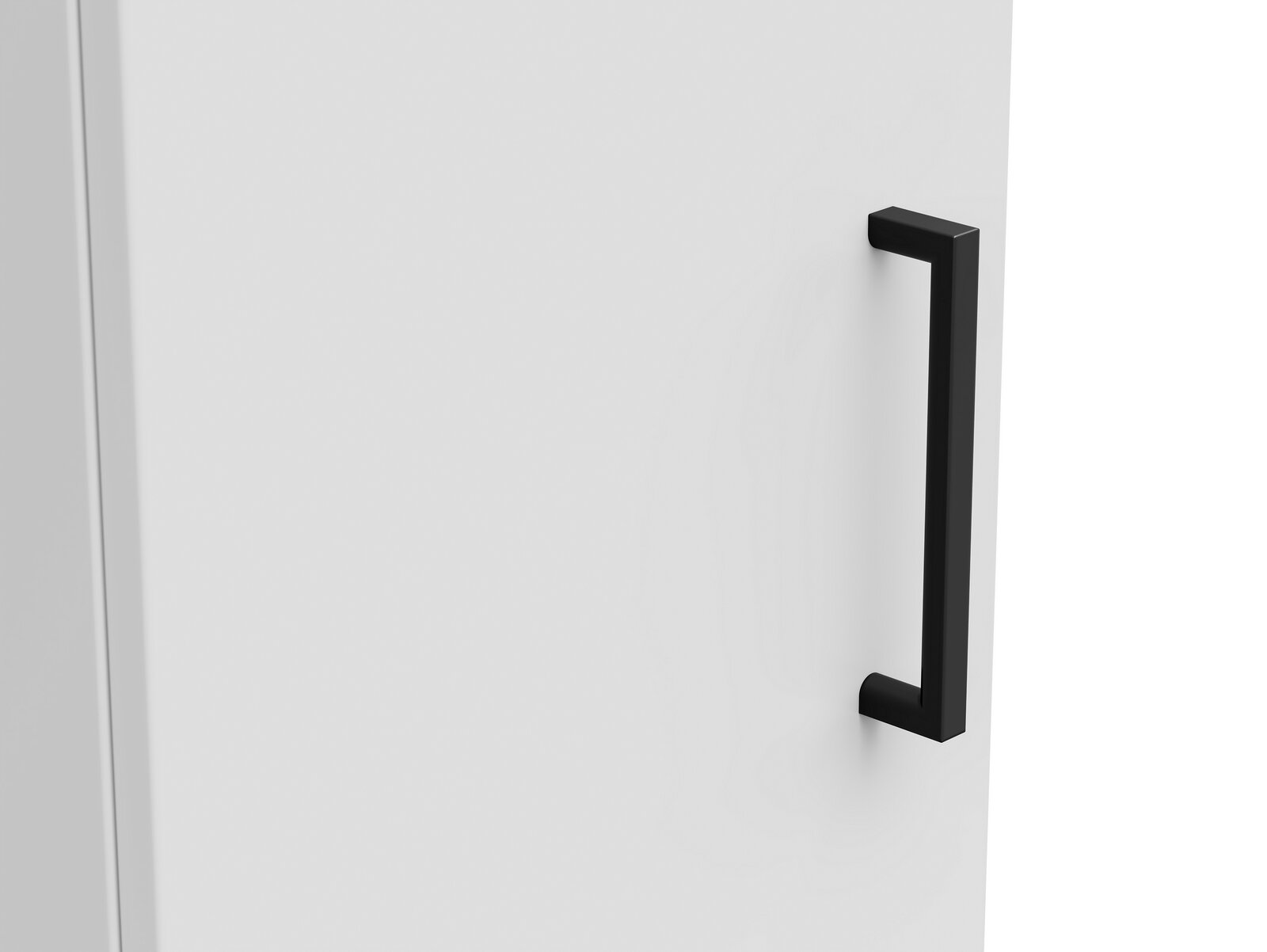 Nahaufnahme eines weißen Mehrzweckschranks mit schwarzem Griff, seitliche Perspektive
