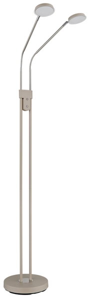 Moderne LED-Stehlampe in Beige mit zwei verstellbaren, runden Leuchtköpfen auf schlanken Stangen und rundem Standfuß, freigestellt vor weißem Hintergrund, Frontansicht.