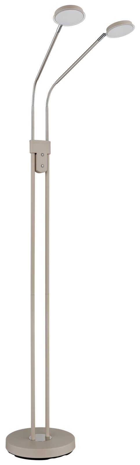 Moderne LED-Stehlampe in Beige mit zwei verstellbaren, runden Leuchtköpfen auf schlanken Stangen und rundem Standfuß, freigestellt vor weißem Hintergrund, Frontansicht.