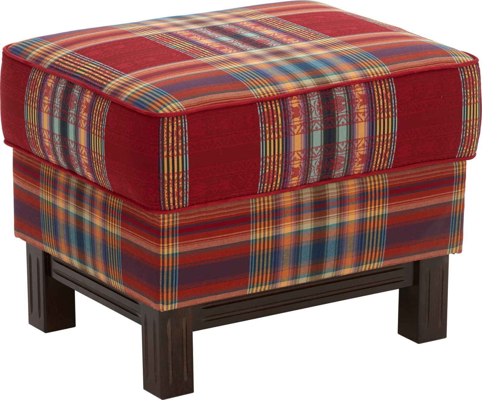 Hocker mit buntem Karomuster aus seitlicher Perspektive