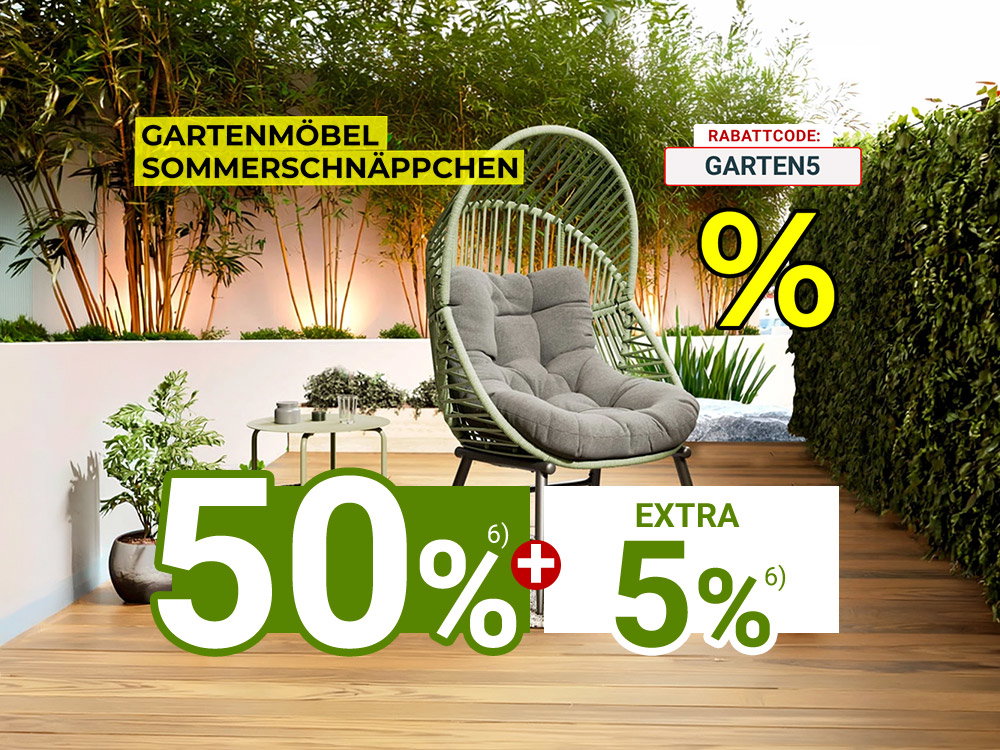 Gartenmöbel-Sommerschnäppchen: 50 % Rabatt plus 5 % extra mit Code GARTEN5 auf Loungesessel.