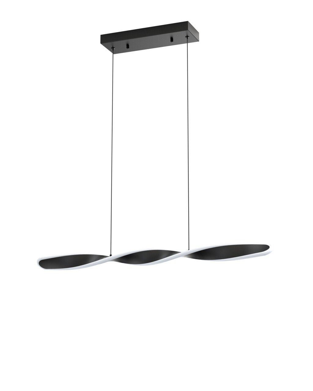 Moderne LED-hanglamp met gebogen vormgeving, zijaanzicht