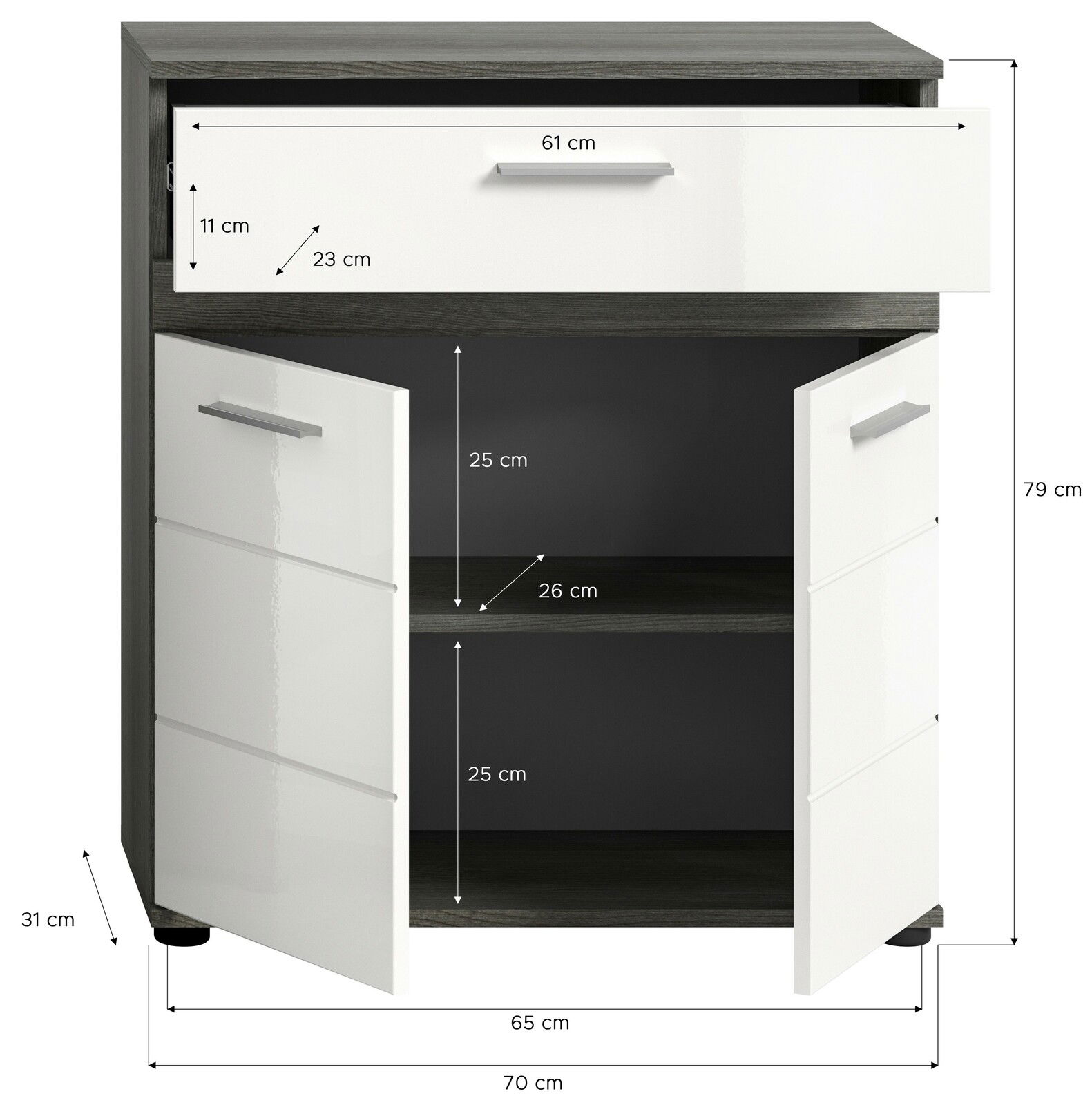 Frontale Ansicht einer Badkombination mit zwei weißen Türen und einer Schublade, Maße: 70 cm Breite, 79 cm Höhe, 31 cm Tiefe.