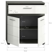 Frontale Ansicht einer Badkombination mit zwei weißen Türen und einer Schublade, Maße: 70 cm Breite, 79 cm Höhe, 31 cm Tiefe.