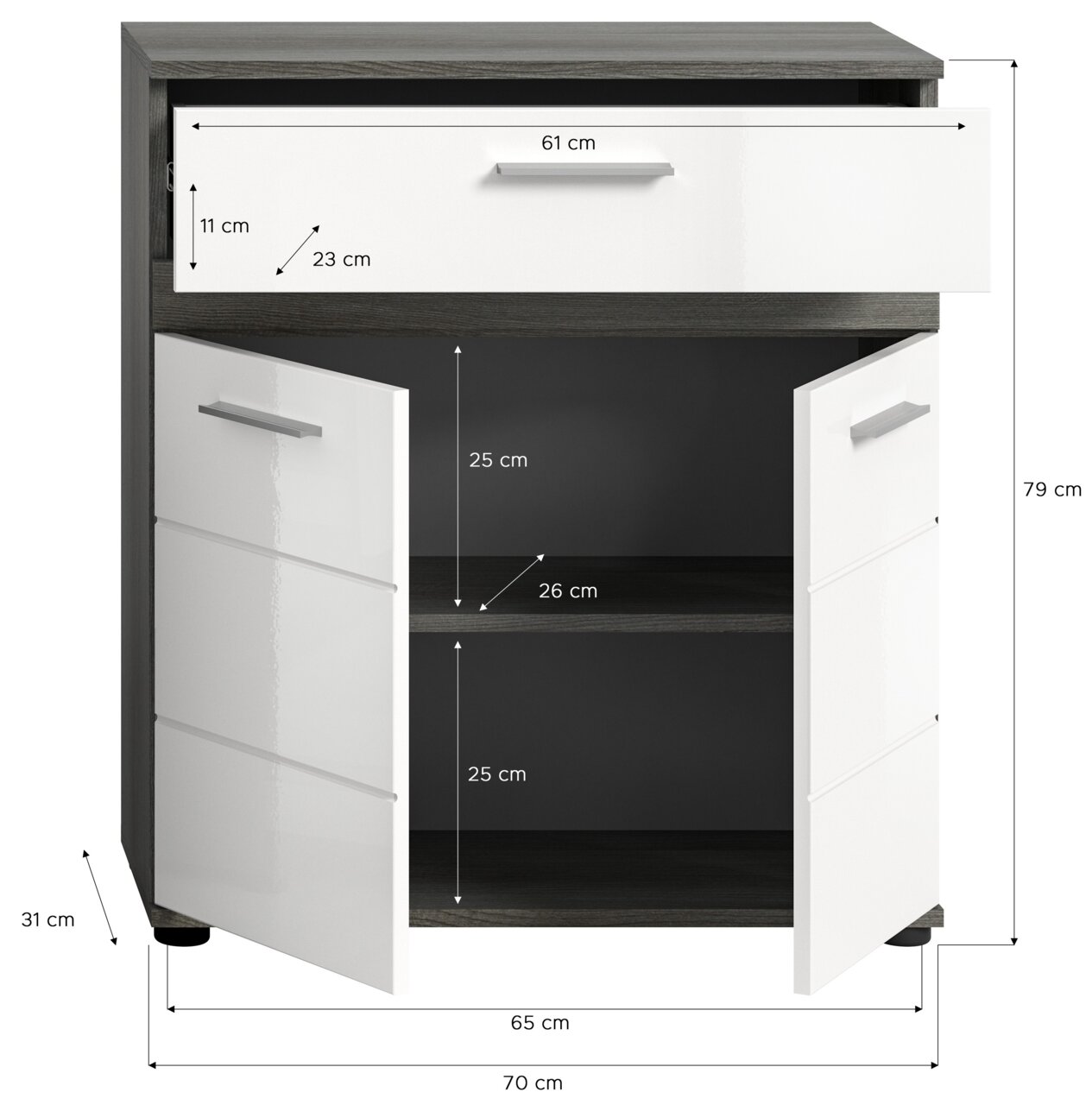 Frontale Ansicht einer Badkombination mit zwei weißen Türen und einer Schublade, Maße: 70 cm Breite, 79 cm Höhe, 31 cm Tiefe.