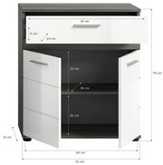 Frontale Ansicht einer Badkombination mit zwei weißen Türen und einer Schublade, Maße: 70 cm Breite, 79 cm Höhe, 31 cm Tiefe.