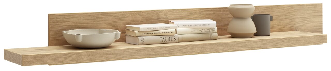 Holz-Wandboard mit Büchern und Dekoration, seitliche Perspektive