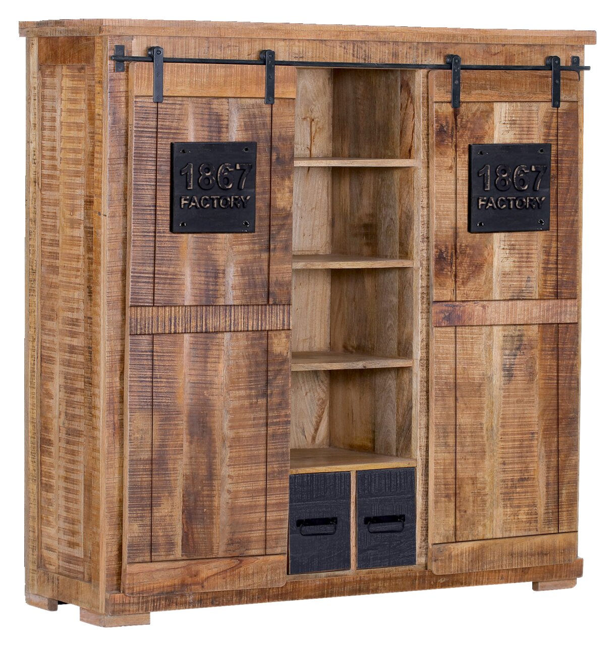 Rustikales Highboard aus Holz mit Schiebetüren und Regalfächern, seitliche Perspektive