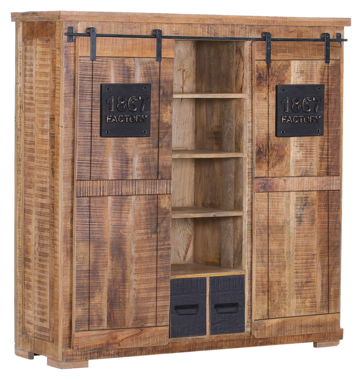 Rustikales Highboard aus Holz mit Schiebetüren und Regalfächern, seitliche Perspektive