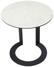 Runder Beistelltisch mit weißer Marmorplatte und schwarzem Metallgestell, Ansicht von oben