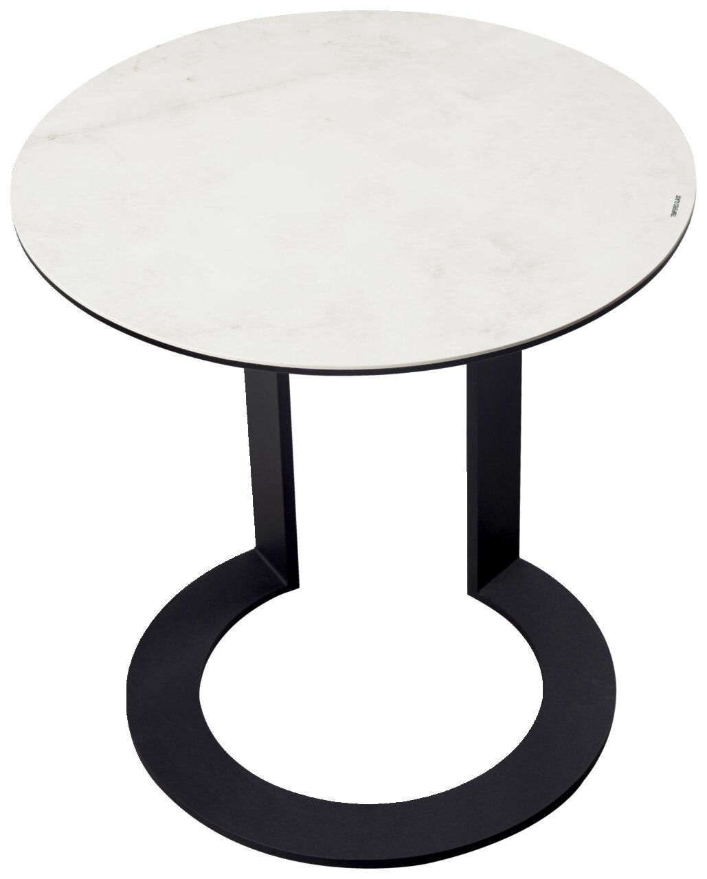 Runder Beistelltisch mit weißer Marmorplatte und schwarzem Metallgestell, Ansicht von oben