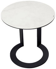 Runder Beistelltisch mit weißer Marmorplatte und schwarzem Metallgestell, Ansicht von oben