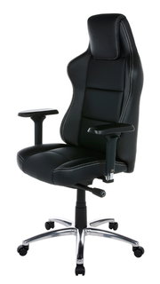 Schwarzer Gaming Stuhl mit ergonomischem Design, verstellbaren Armlehnen und stabiler Basis, seitliche Perspektive