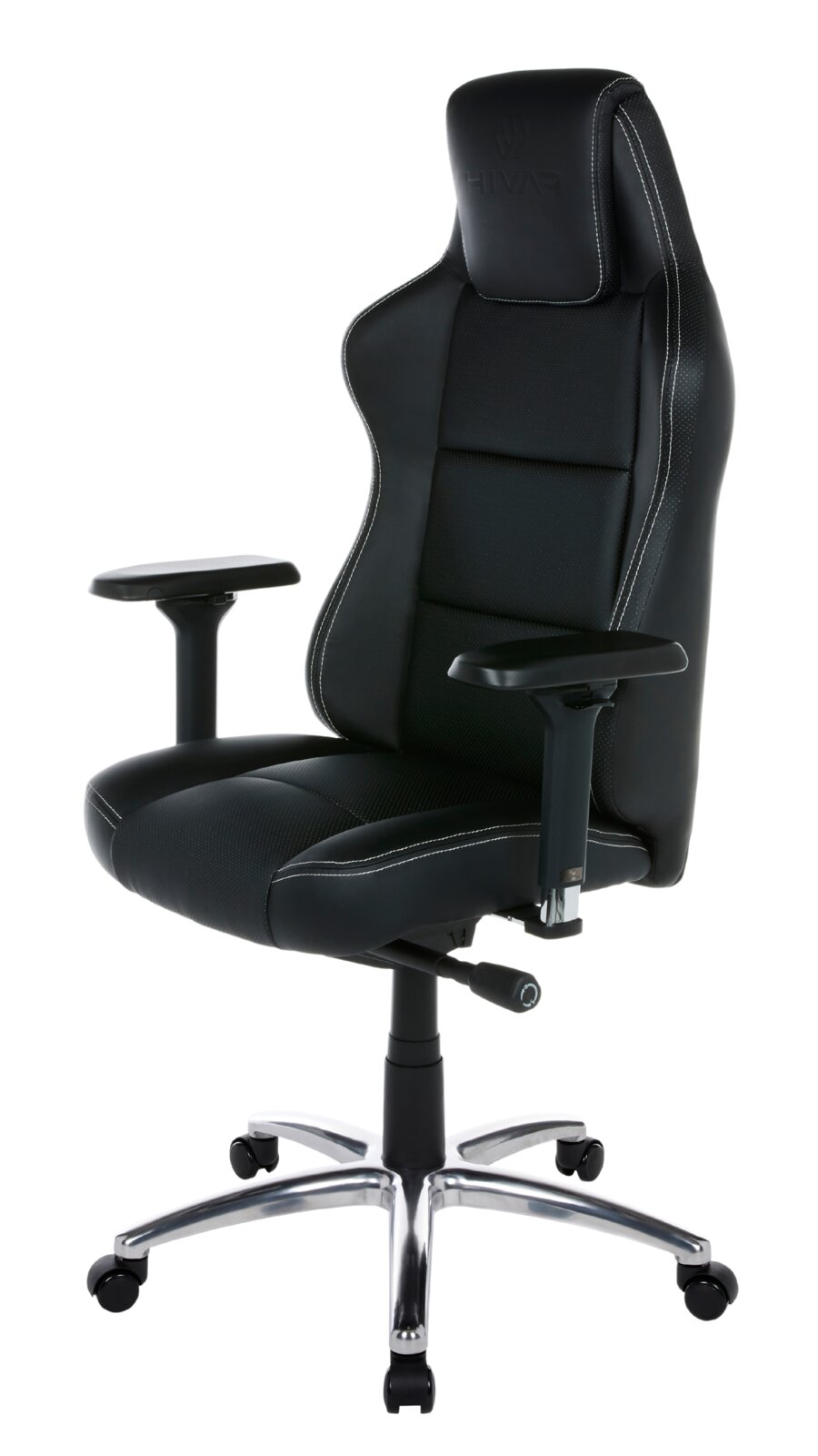 Schwarzer Gaming Stuhl mit ergonomischem Design, verstellbaren Armlehnen und stabiler Basis, seitliche Perspektive