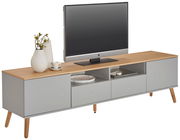 Modernes TV-Board mit Holzoberfläche und grauen Schubladen, dekoriert mit Vasen und Tasse, seitliche Perspektive